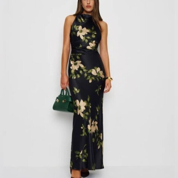 NEW Reformation Anaiis Silk Long Black Floral Backless Dress Mood for Love US 6 - Picture 13 of 16